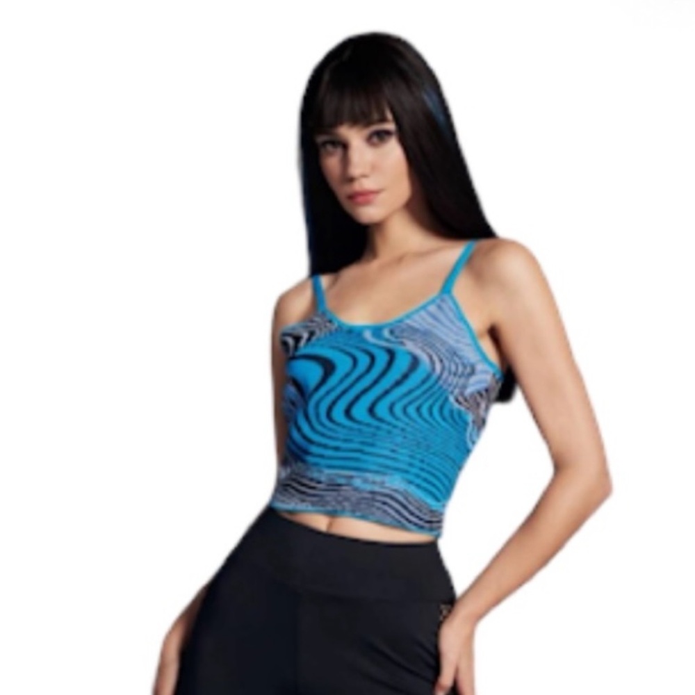 New Bikercore Blue & Black Wave Pattern Cami Knit Spaghetti Strap Top Size M/L